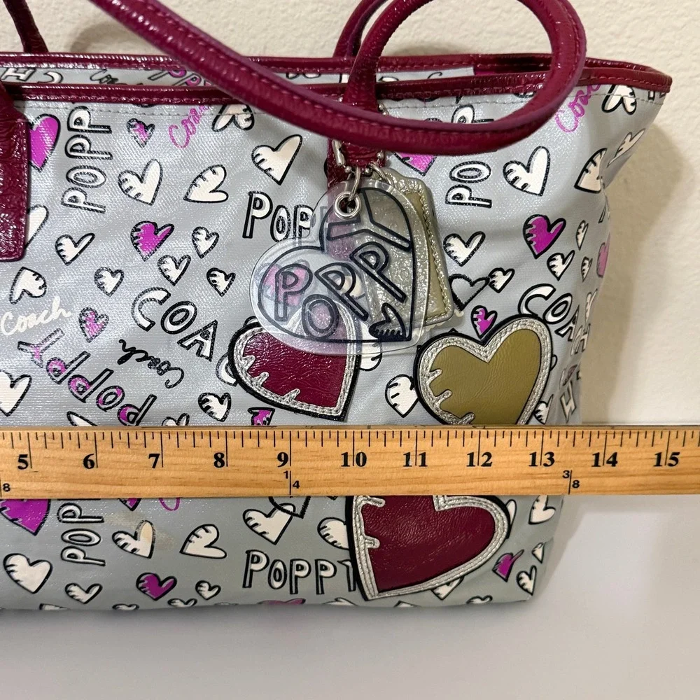 Coach Poppy Hearts Graffiti Tote With Bag Charms Coated Canvas Gray‎ Pink Y2K - Picture 14 of 16